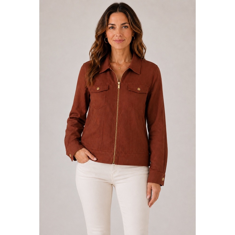 Rachel Zoe Rust Linen Blend Zip Trucker Jacket Brown Minimalist Boho Large NWT